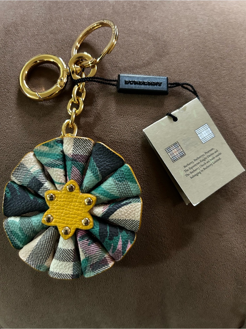 Burberry Multicolor Plaid Floral Leather Key & Card Holder with Yellow Accent